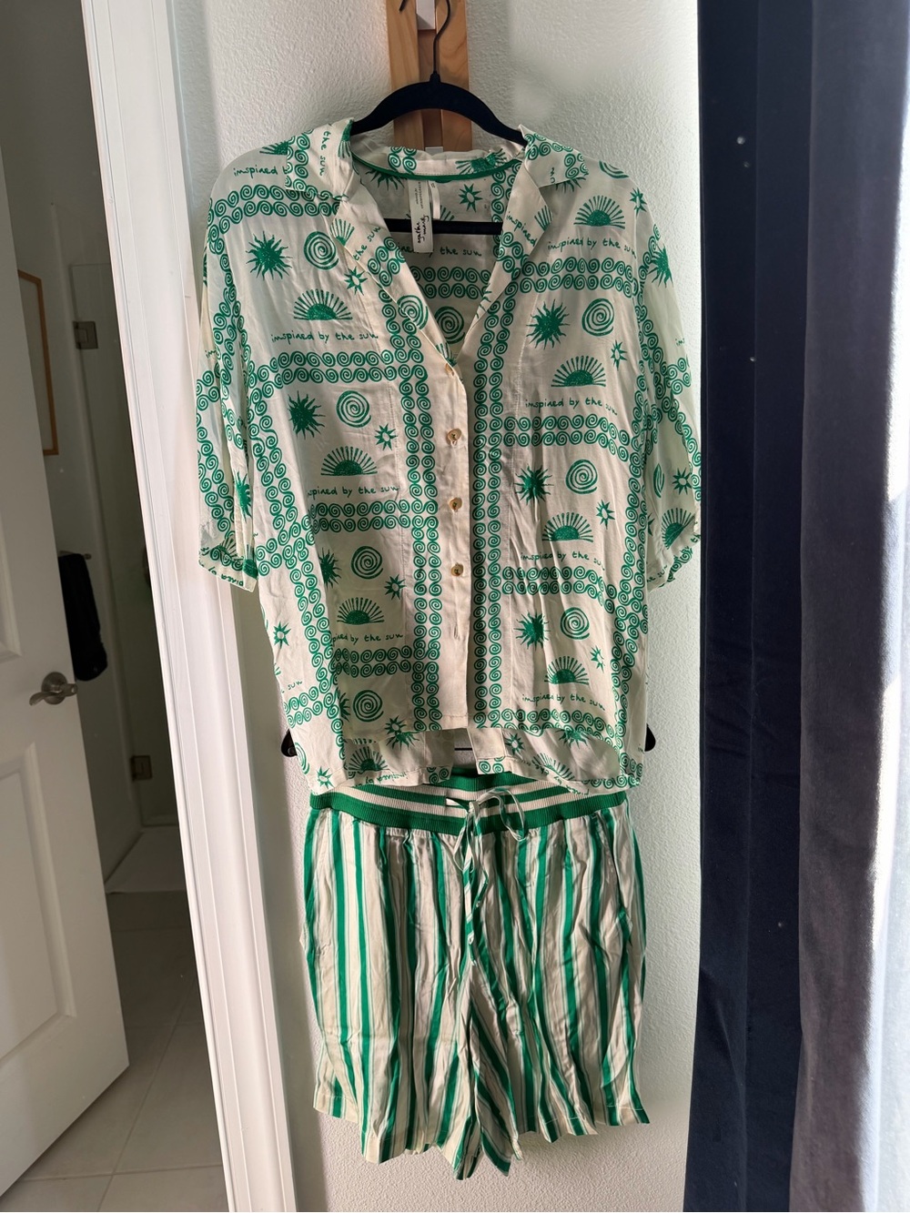 Anthropologie Cream and Green Printed Button-Up Top with Striped Shorts Set